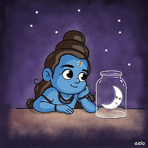 Cute Blue Hindu Deity Shiva With Moon In Jar Digital Art HD phone wallpaper