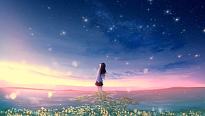 Anime Girl Gazing at Starry Night Sky Over Sunset Horizon HD wallpaper