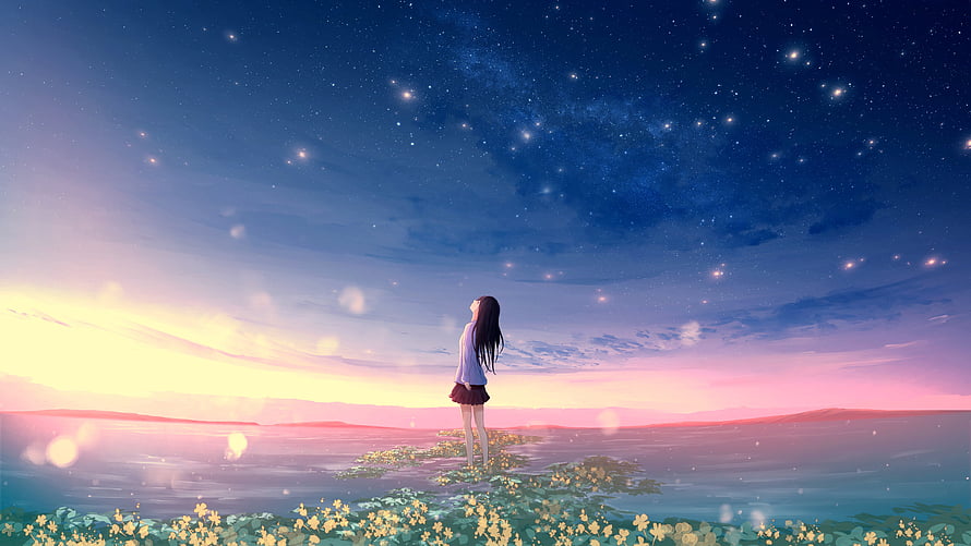 Anime Girl Gazing at Starry Night Sky Over Sunset Horizon HD wallpaper