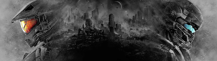 Halo Master Chief and Spartan Dual Portrait with War-Torn Cityscape HD wallpaper