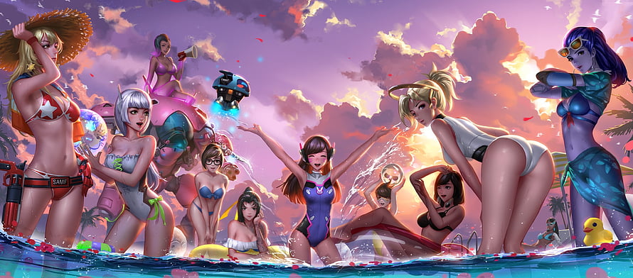 Overwatch Heroines Summer Beach Party Illustration with D.Va, Mercy, Mei, and Widowmaker HD wallpaper