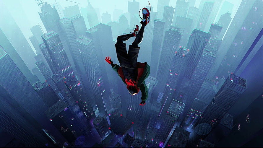 Miles Morales Spider-Man Free Falling Through Futuristic City Skyline, Spider Man: Into The Spider Verse Falling , Spiderman Upside Down HD wallpaper