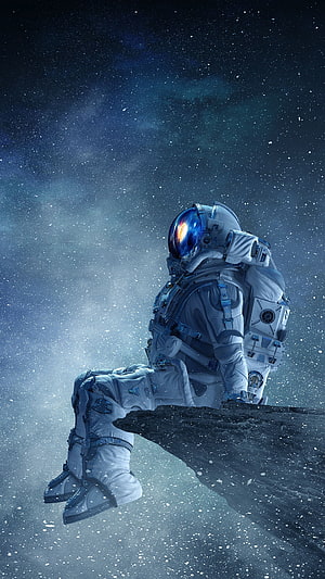 Astronaut Seated on Asteroid Edge in Deep Space with Starfield Background HD phone wallpaper
