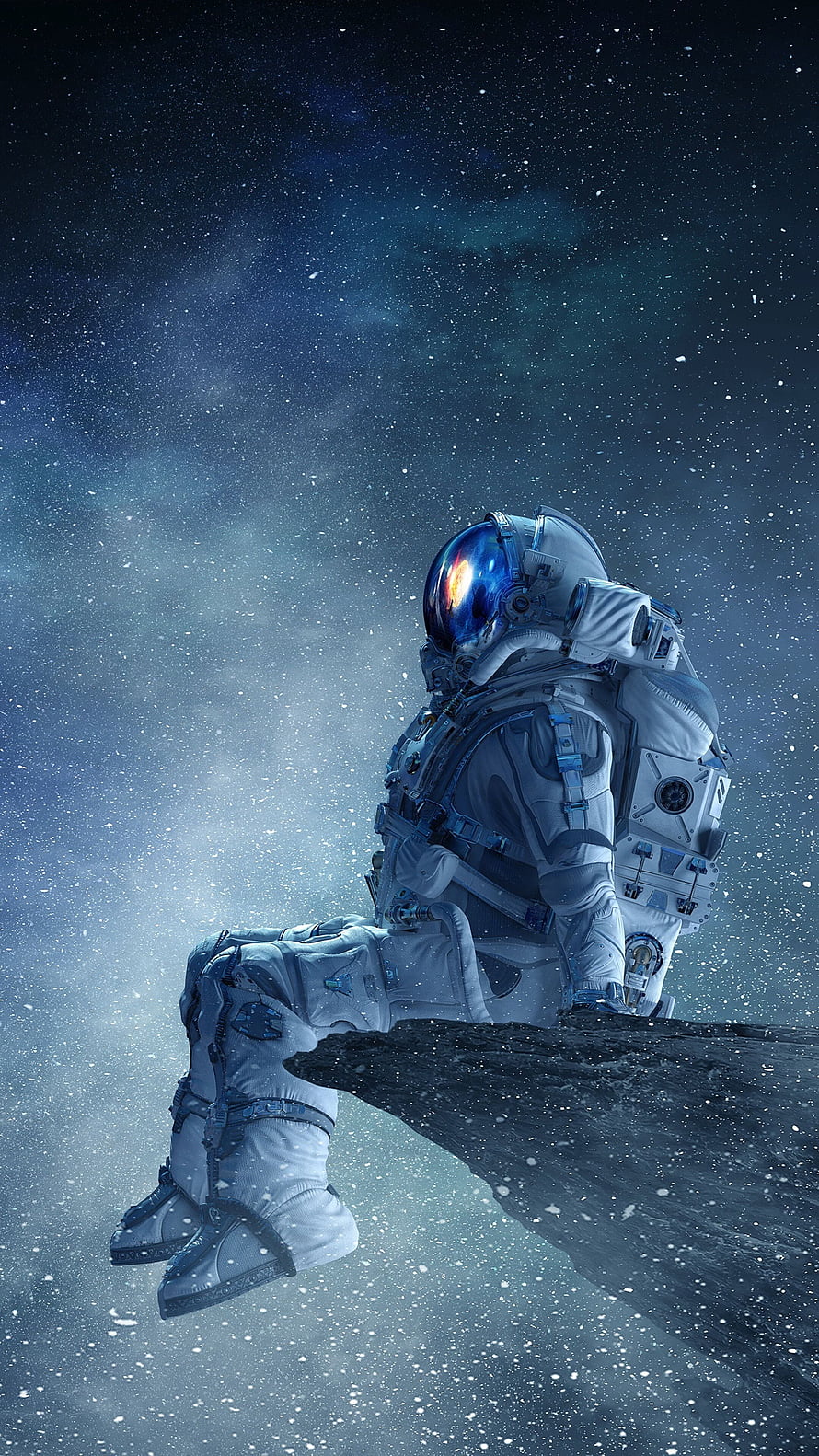 Astronaut Seated on Asteroid Edge in Deep Space with Starfield Background HD phone wallpaper