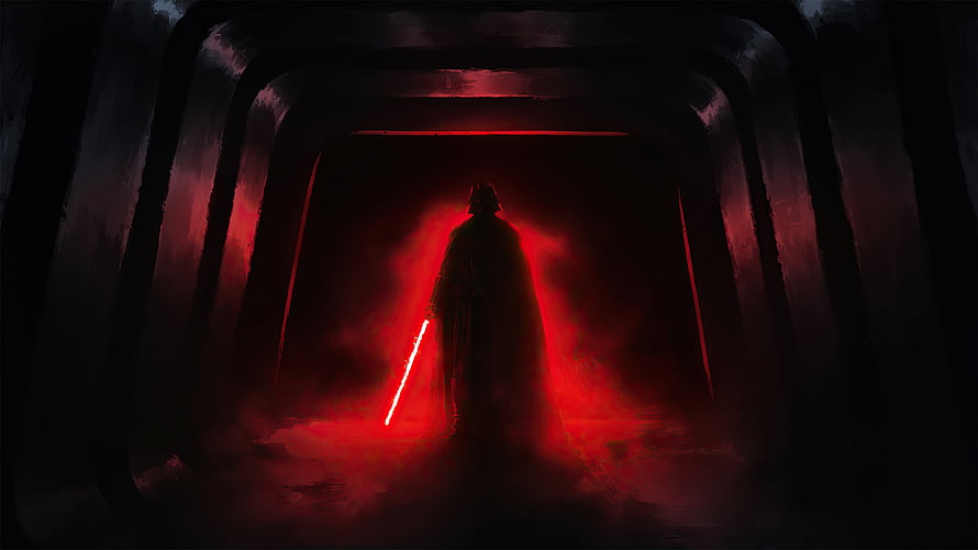 Darth Vader Silhouette Holding Red Lightsaber in Dark Industrial Corridor HD wallpaper