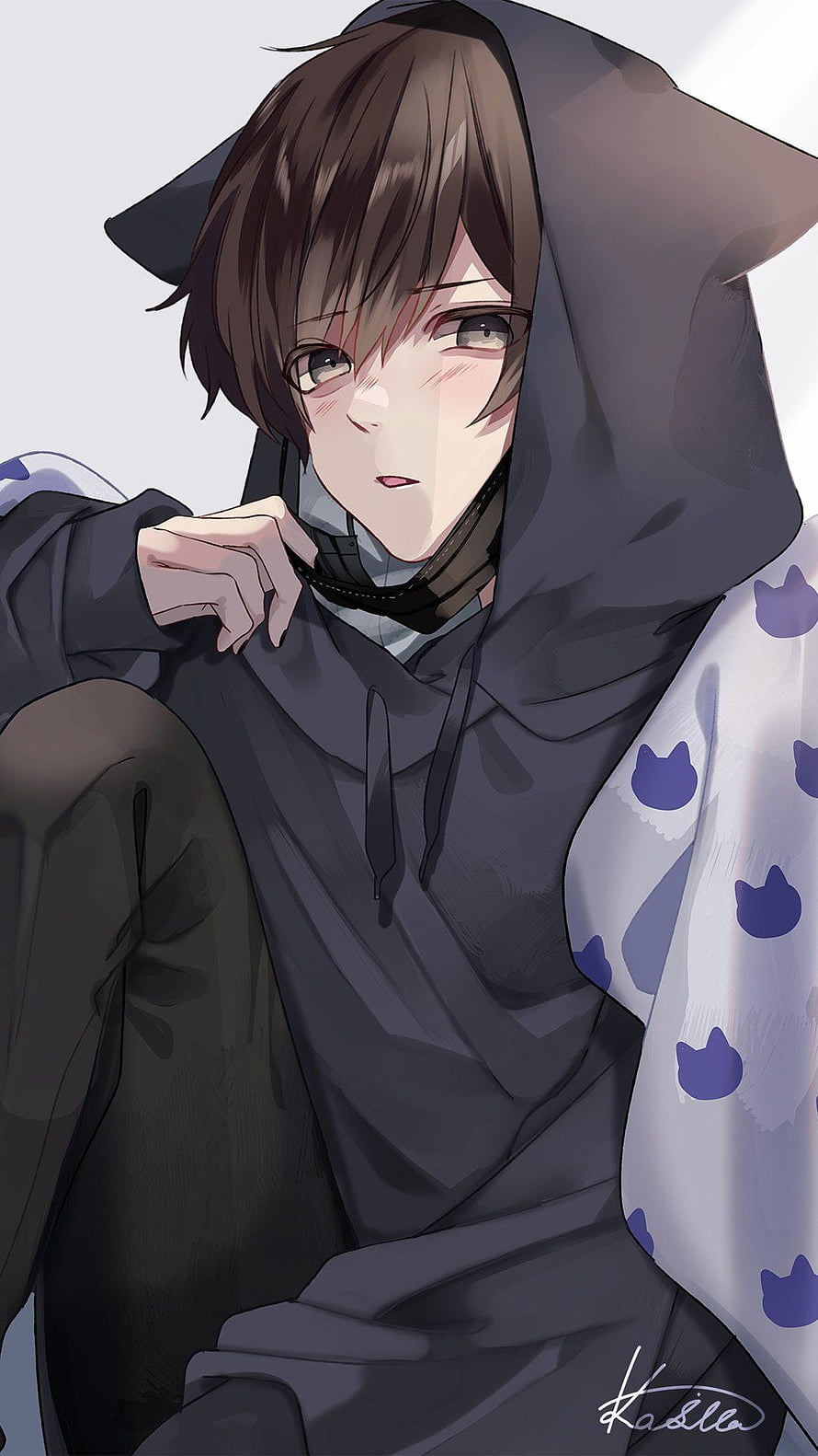 Anime Boy in Dark Hoodie with Cat Ears and Blanket HD phone wallpaper