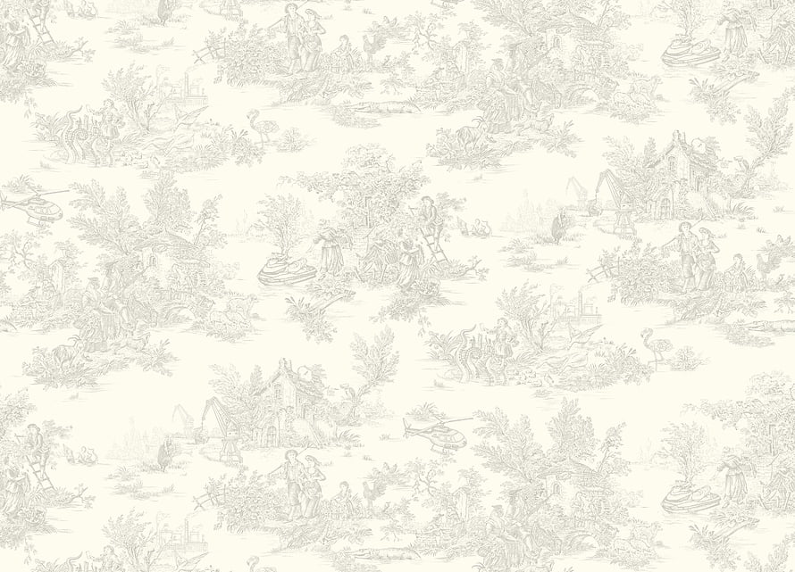 Coquette Chinoiserie Pattern with Pastoral Scenes, Figures, and Cottages in Light Grey Line Art HD wallpaper