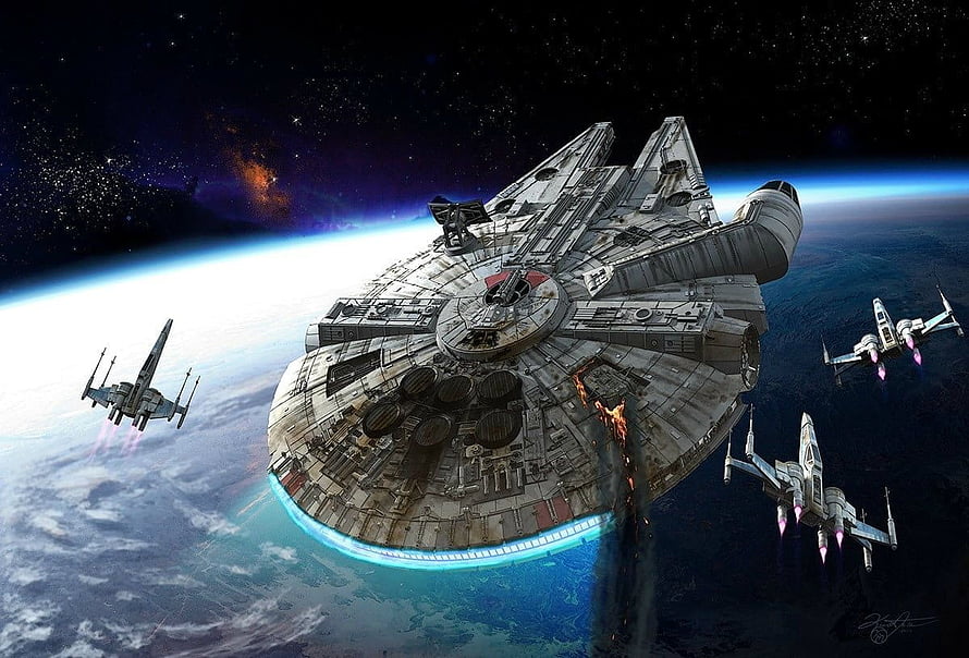Millennium Falcon and X-Wing Fighters in Orbit Above a Blue Planet HD wallpaper