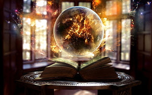 Mystical Crystal Ball Floating Above Ancient Book in Fantasy Library HD wallpaper