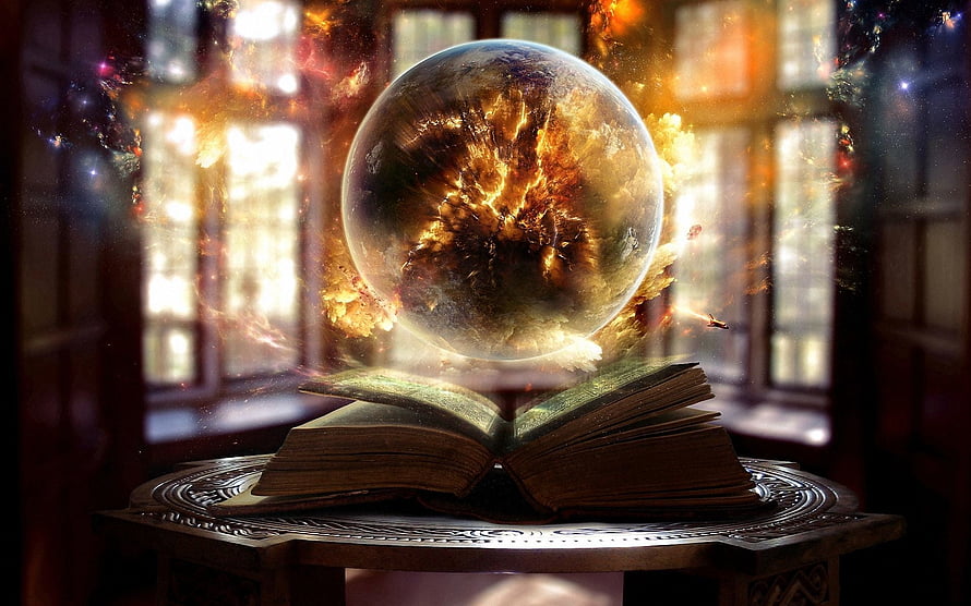 Mystical Crystal Ball Floating Above Ancient Book in Fantasy Library HD wallpaper