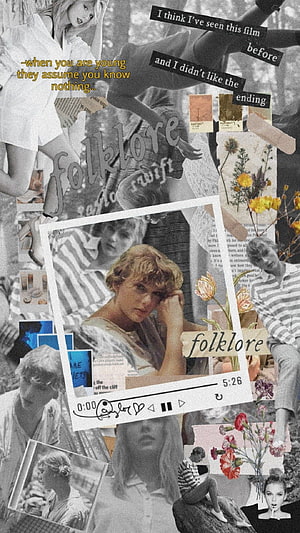 Taylor Swift Folklore Album Art Collage with Vintage Photos and Floral Elements HD phone wallpaper