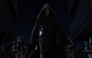Anakin Skywalker in a dark hooded robe flanked by clone troopers during the Order 66 Jedi Temple scene HD wallpaper
