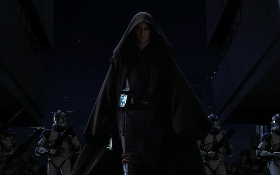 Anakin Skywalker in a dark hooded robe flanked by clone troopers during the Order 66 Jedi Temple scene HD wallpaper