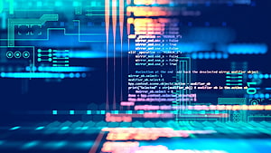 Abstract Digital Programming Code Interface With Circuit Board Patterns And Neon Blue Lighting HD wallpaper