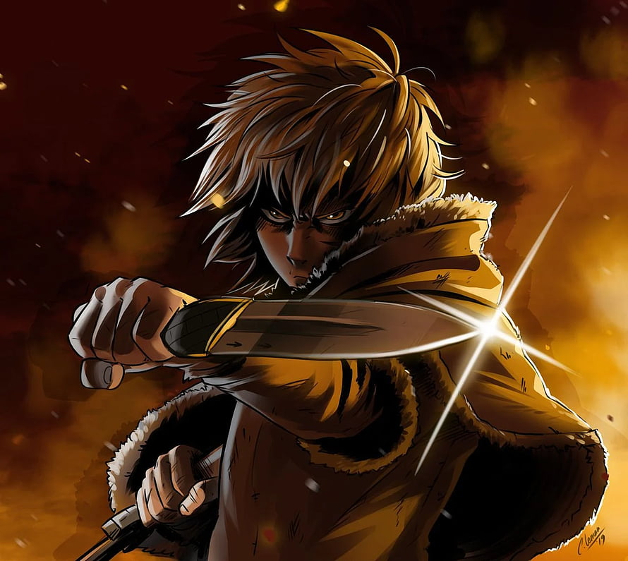 Thorfinn Karlsefni from Vinland Saga in a fierce battle stance with sword HD wallpaper