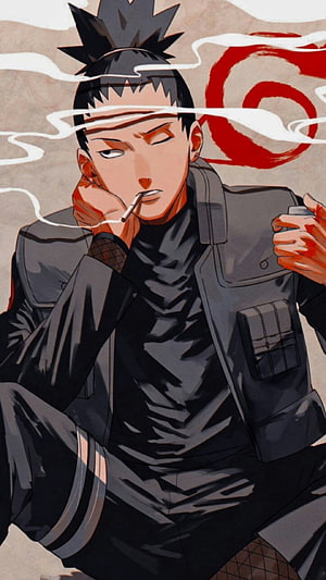 Shikamaru Nara from Naruto in a dark tactical jacket smoking a cigarette with a red spiral emblem in the background HD phone wallpaper