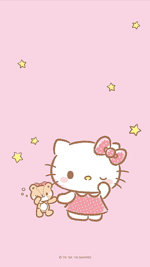 Hello Kitty holding a teddy bear on a soft pink background with scattered yellow stars HD phone wallpaper