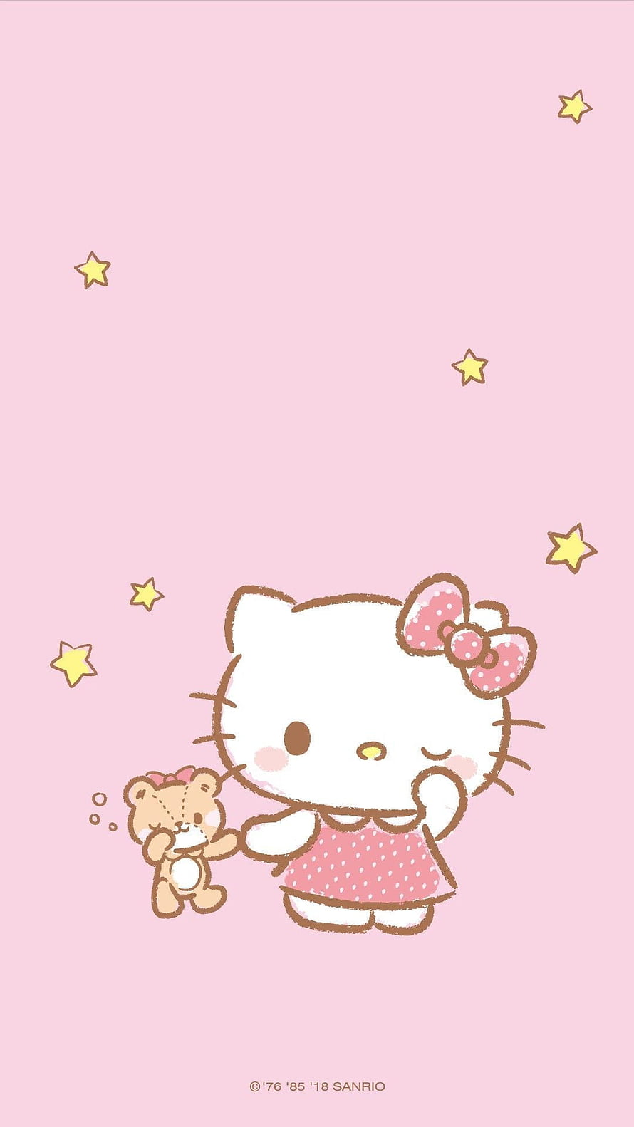 Hello Kitty holding a teddy bear on a soft pink background with scattered yellow stars HD phone wallpaper