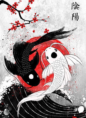 Japanese Koi Fish Yin Yang Art with Red Cherry Blossoms and Ink Wash Style HD phone wallpaper