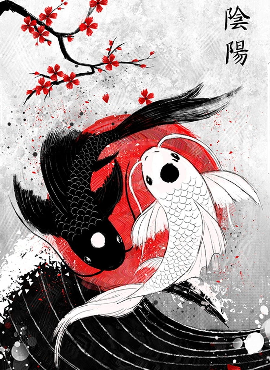 Japanese Koi Fish Yin Yang Art with Red Cherry Blossoms and Ink Wash Style HD phone wallpaper