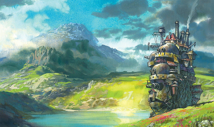 Studio Ghibli Steampunk Castle in Lush Mountain Valley with Snow-Capped Peaks and Misty Sky HD wallpaper