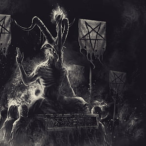 Monochromatic Dark Fantasy Illustration of a Horned Demon with Pentagram Banners HD phone wallpaper