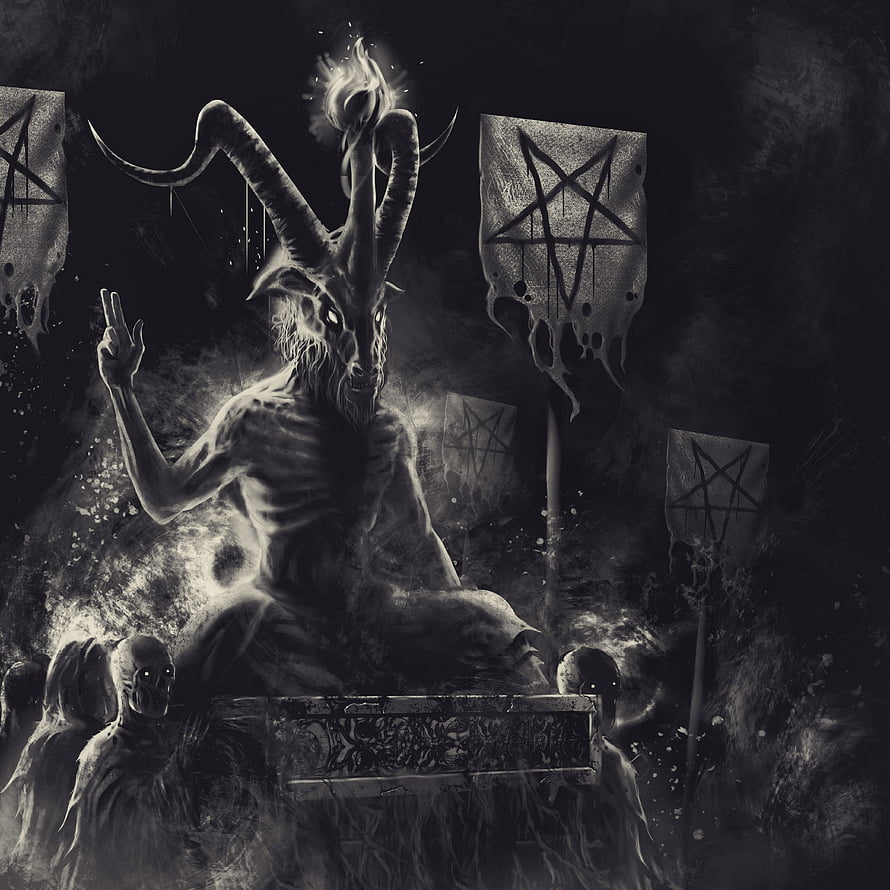 Monochromatic Dark Fantasy Illustration of a Horned Demon with Pentagram Banners HD phone wallpaper