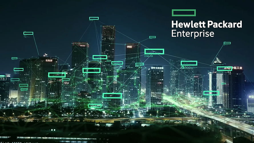 Hewlett Packard Enterprise Smart City Network Overlay on Nighttime Urban Skyline HD wallpaper
