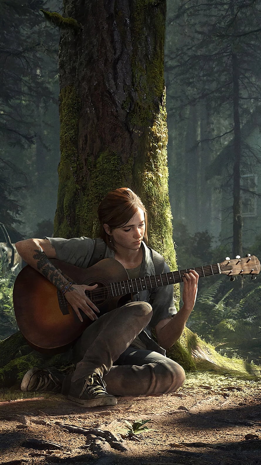 Ellie playing acoustic guitar in the forest from The Last of Us Part II HD phone wallpaper