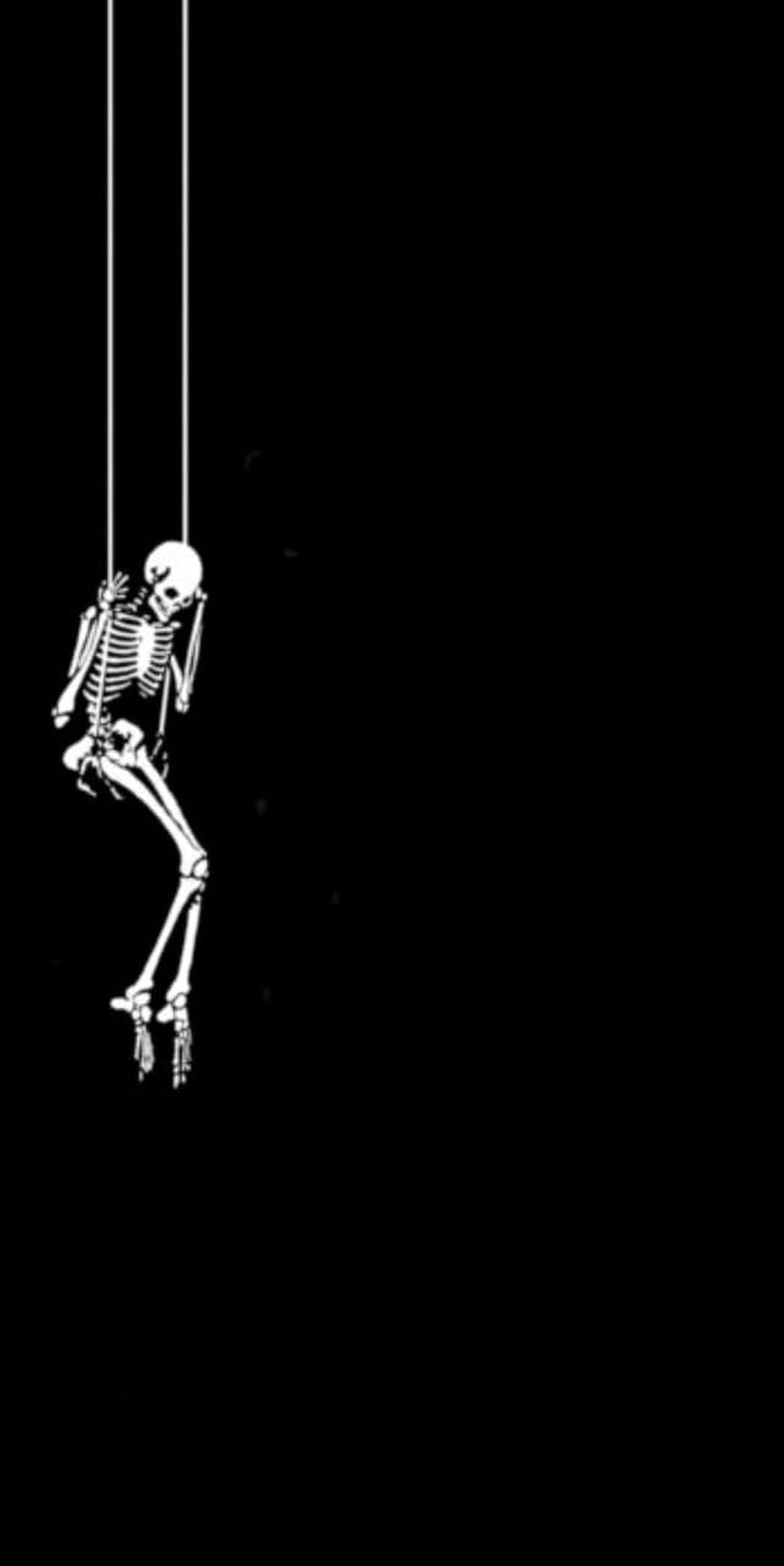 Minimalist Skeleton Hanging on Ropes Against Black Background HD phone wallpaper