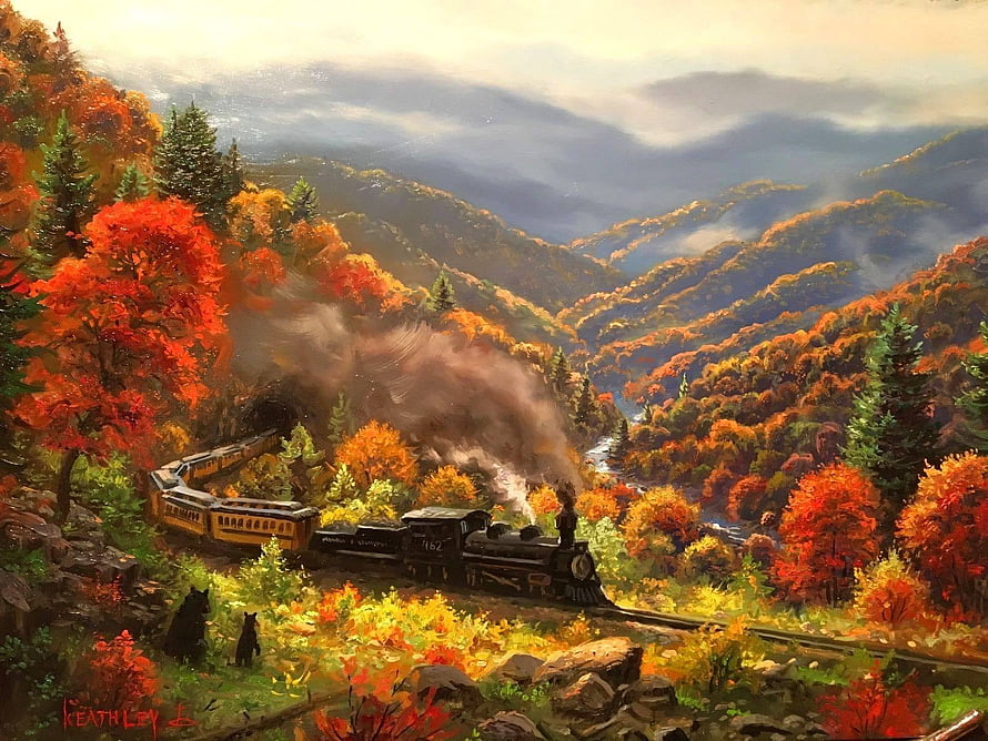 Vintage Steam Locomotive Winding Through Vibrant Autumn Mountain Valley HD wallpaper