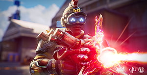 Farlight 84 Soldier Firing Plasma Weapon in Sci-Fi Combat Zone HD wallpaper