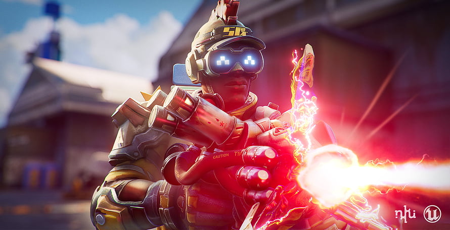 Farlight 84 Soldier Firing Plasma Weapon in Sci-Fi Combat Zone HD wallpaper