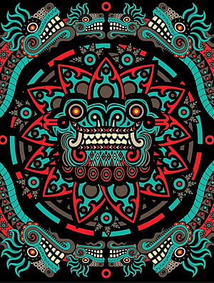 Kukulkan Aztec Mandala with Serpents and Geometric Patterns in Teal and Red HD phone wallpaper