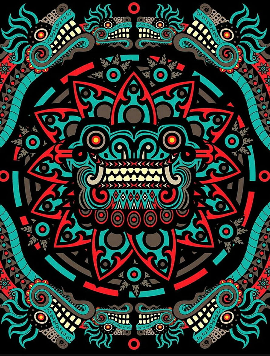 Kukulkan Aztec Mandala with Serpents and Geometric Patterns in Teal and Red HD phone wallpaper