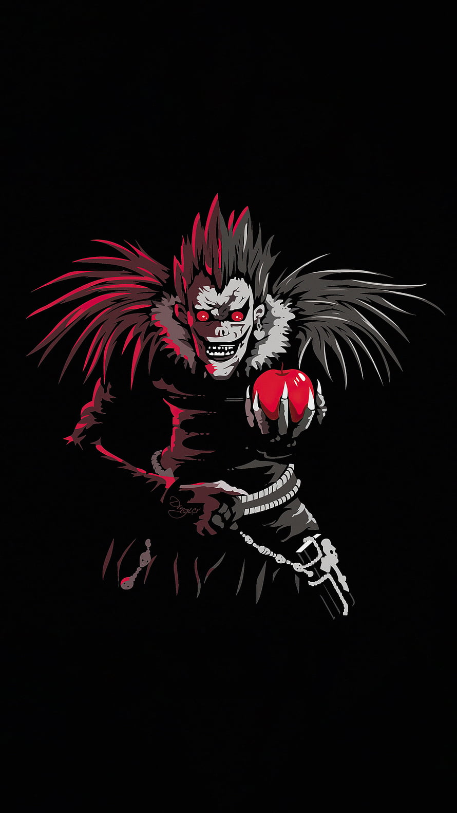 Ryuk from Death Note Holding a Red Apple in Dark Stylized Anime Illustration HD phone wallpaper