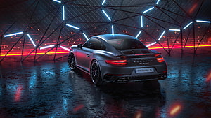 Porsche 911 Turbo S in Neon-Lit Geodesic Dome with Wet Floor Reflections HD wallpaper