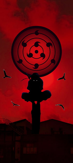 Itachi Uchiha Silhouette with Sharingan Symbol Against Crimson Sky HD phone wallpaper