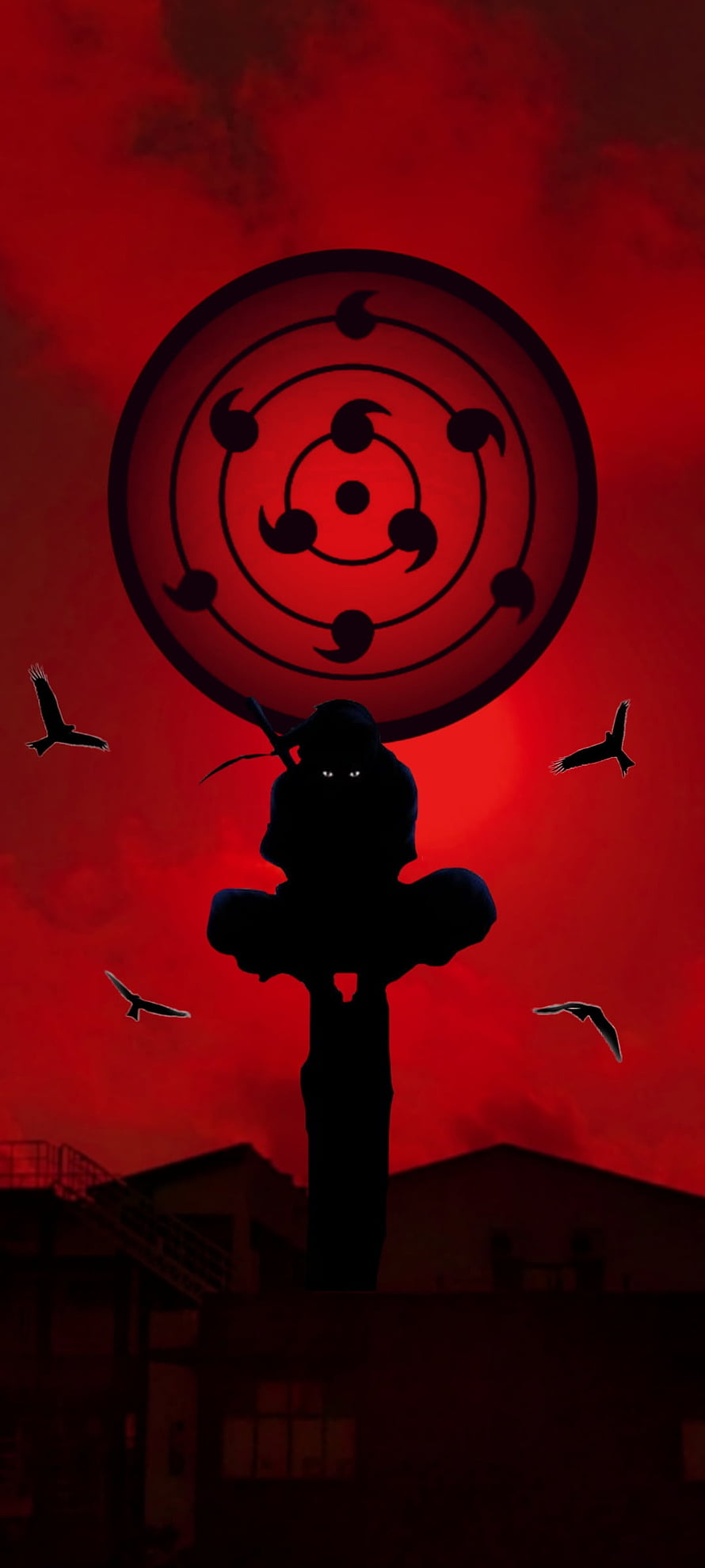 Itachi Uchiha Silhouette with Sharingan Symbol Against Crimson Sky HD phone wallpaper