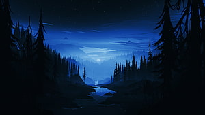 Serene Night Forest Landscape With Moonlit River And Starry Sky HD wallpaper
