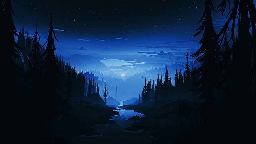 Serene Night Forest Landscape With Moonlit River And Starry Sky HD wallpaper