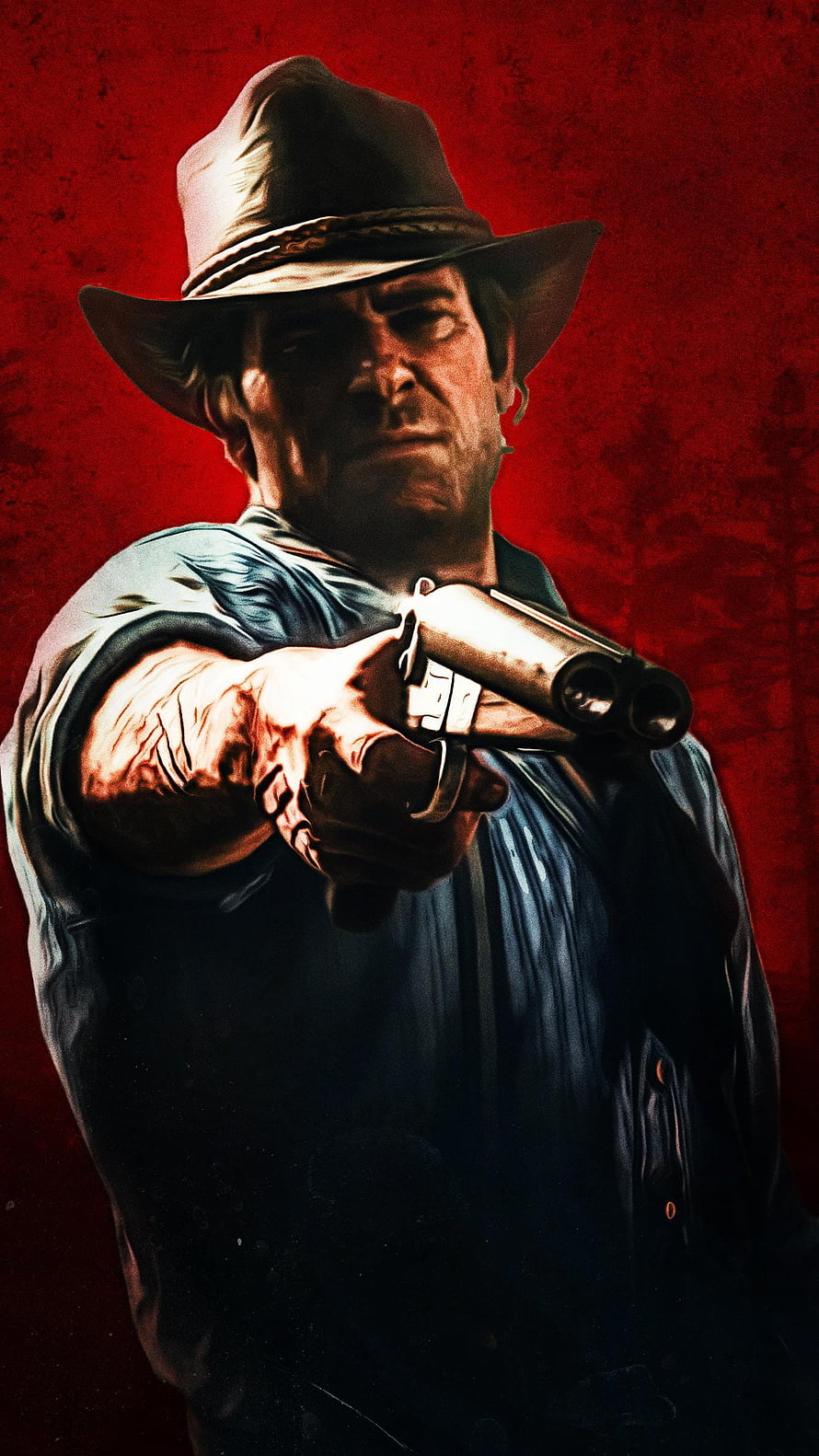 Arthur Morgan from Red Dead Redemption 2 Aiming Revolver Against Red Background HD phone wallpaper