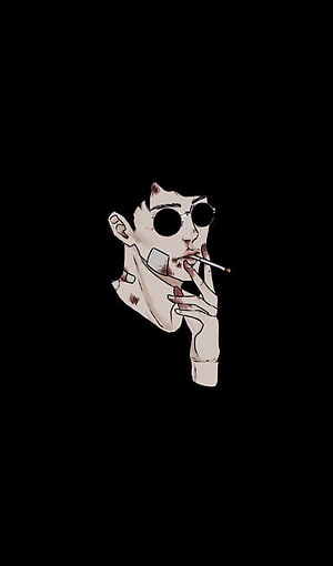 Stylized Illustration of a Man in Round Sunglasses Smoking a Cigarette on Black Background, Cartoon Smoking Weed, Aesthetic Smoking HD phone wallpaper