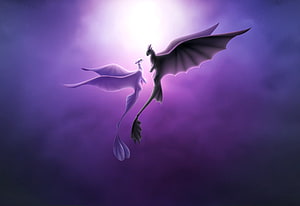 Two elegant dragons flying together in a mystical purple sky with glowing light HD wallpaper