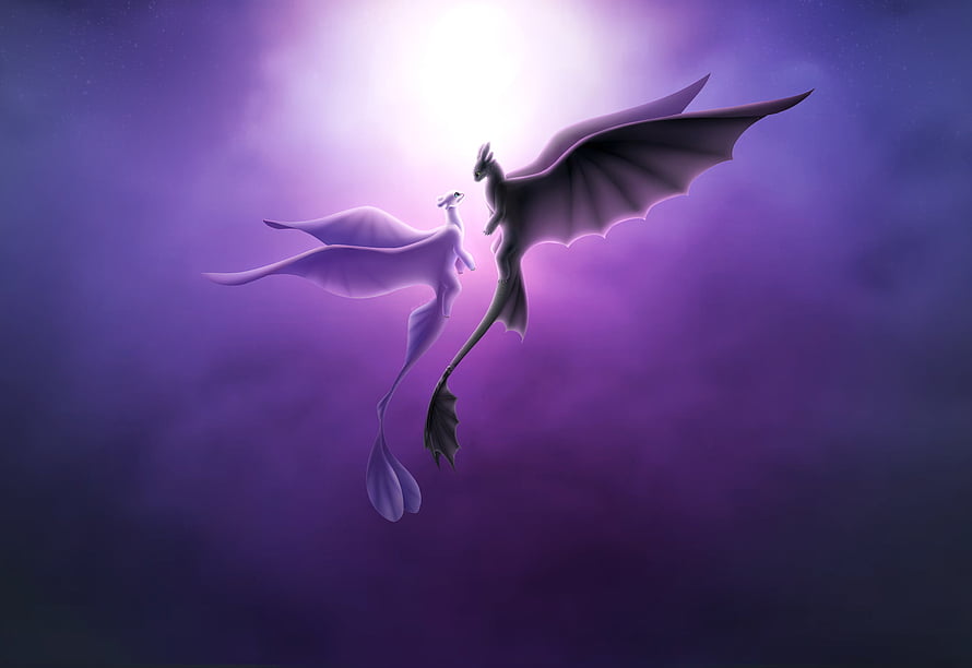 Two elegant dragons flying together in a mystical purple sky with glowing light HD wallpaper