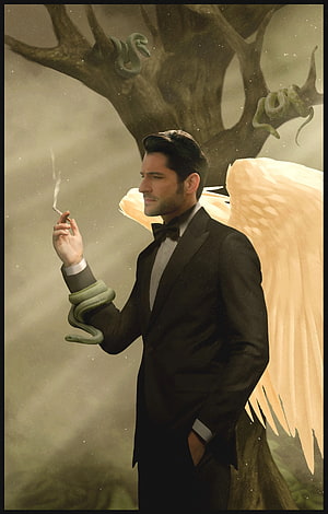 Lucifer Morningstar in a tuxedo with angel wings and a snake wrapped around his arm HD phone wallpaper