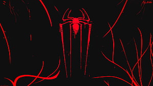 Spider-Man Noir Minimalist Red Spider Logo on Black Background, Logo, minimal, spider-man, dark HD wallpaper