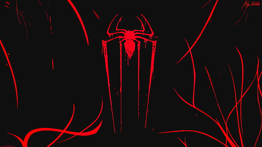 Spider-Man Noir Minimalist Red Spider Logo on Black Background, Logo, minimal, spider-man, dark HD wallpaper