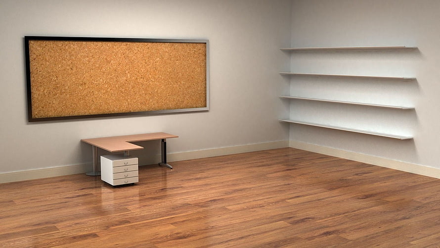 Minimalist Empty Office Interior With Cork Board And Floating Shelves HD wallpaper