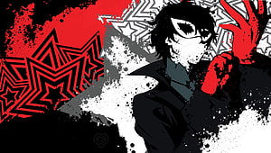 Persona 5 Joker Anime Character Artwork with Red and Black Geometric Star Pattern HD wallpaper